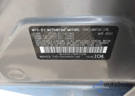 2022 Mitsubishi Mirage G4 Black Edition/Es/Le z USA, uszkodzony, nr VIN ML32FUFJ7NHF03294